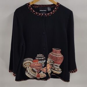 Michael Simon Beaded Cardigan Size XL Black 3/4 Sleeve Pottery Theme Vintage